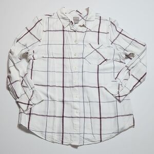 Chico’s Women’s Plaid Button Down Shirt White Burgundy Windowpane Rayon Top
